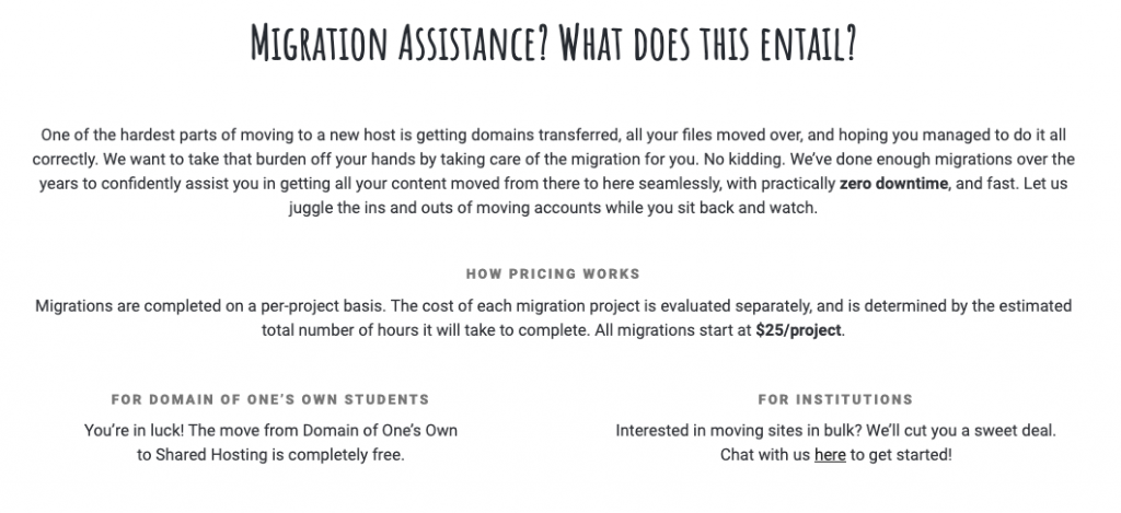 Screenshot of Migration Assitance Page