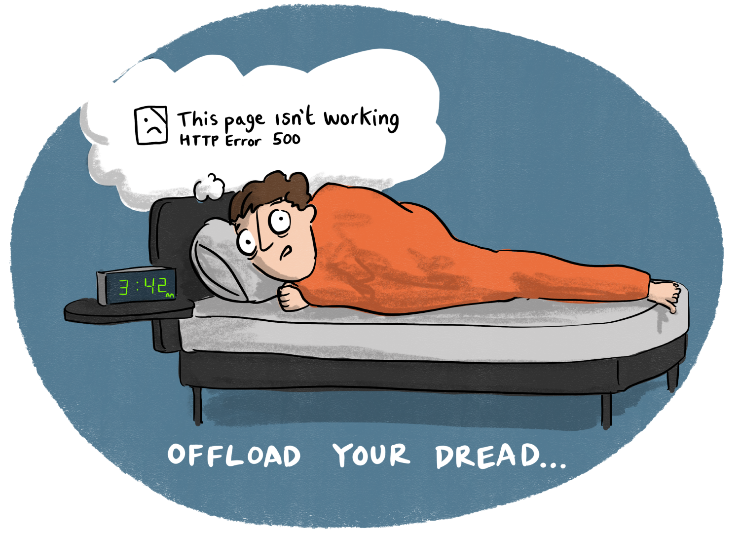 Image of a sleepless night with the caption "Offload your dread". 