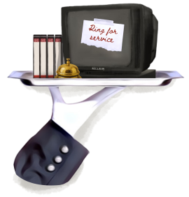 White gloved hand holding tray with bell and sign that reads "Ring for Service"